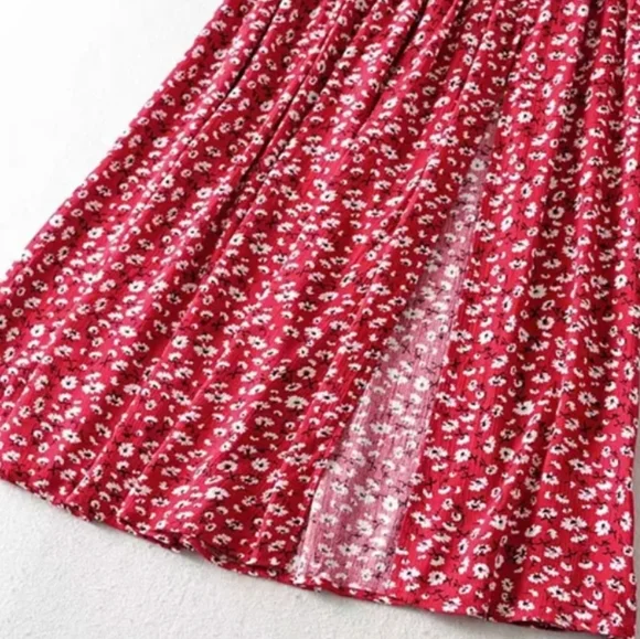 ×2 Red Floral Cotton Midi Skirt and Flutter Sleeve Top Set - Picture 8 of 13